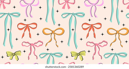 Vector seamless pattern with bows and ribbons. Hand drawn trendy pattern for background, print, scrapbook, fabric, textile design.
