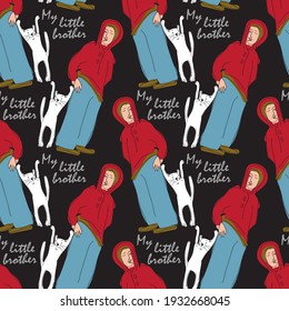 Vector seamless pattern with boy and cat. Line drawn portrait of people and animals. Friendship, animals and people.