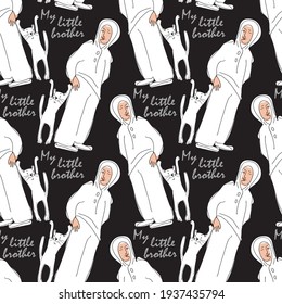 Vector seamless pattern with boy and cat. Line drawn portrait of people and animals. Friendship, animals and people.