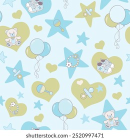 Vector seamless pattern It’s a boy design with stars, hearts in shades of blue and green. Included are drawings of rattlers, pacifiers, balloons, teddy bears, shoes, that would be a background design.