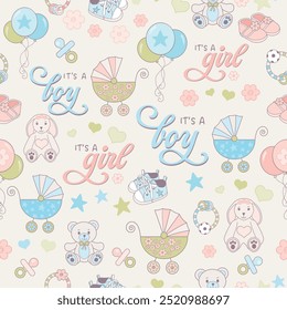 Padrão sem emenda vetorial It’ a Boy, It’s a Girl design em cores pastel. Contém gráficos desenhados à mão bonitos de carrinho de bebê, chocalho, balões, ursinho de pelúcia e coelho, Perfeito para chá de bebê, papel de embrulho