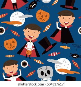 Vector seamless pattern with  boy in vampire costume and Halloween objects. Halloween background with kids and candies. 