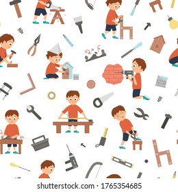 Vector seamless pattern with boys doing carpenter, building or wood work and tools. Flat funny kid character repeating background. Craft lesson digital paper