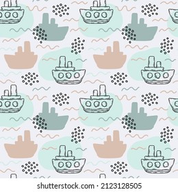 Vector seamless pattern. For boys, kids digital paper, wearing, wallpaper, packaging. Ships in the sea with waves. Vector sea elements isolated on white backgroung