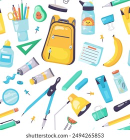 Vector seamless pattern for boys with school supplies elements on transparent background. Children's design for baby prints, covers, wallpapers, wrapping paper, scrapbooking.