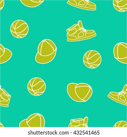 Vector seamless pattern with boy's sport accessories, such as shoes, cap and ball. EPS 10.