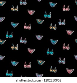 Vector seamless pattern with bra and panty on black background. Typography card design for t-shirts, prints, cards, posters, products packaging, branding.