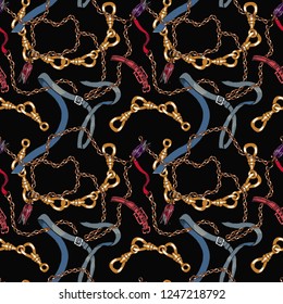 Vector seamless pattern with braids, chains, belts on black background. Fashion wallpaper. Perfect for textile design