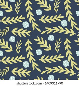 Vector seamless pattern with branches and abstract elements in a modern style. Hand-drawn floral pattern on a blue background.