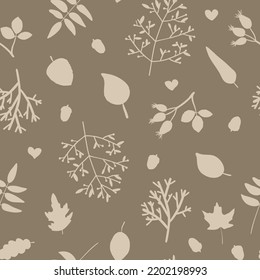 Vector seamless pattern with branches, acorns and leaves on beige background. For wallpapers, fall decoration, invitation card, fabric, textile, bed linen print, gift and wrapping paper, cover notepad