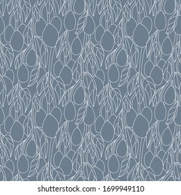 Vector seamless pattern with branches with avocado on blue background on doodle linear style. Modern minimalistic botanical pattern. Texture with white linear branches of avocado tree with leaves. 