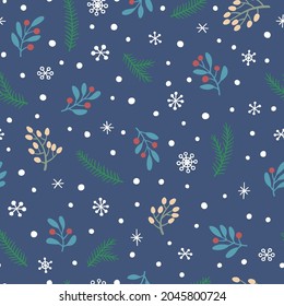 Vector seamless pattern with branches, berries and snowflakes. Cute design for Christmas wrappings, textile, wallpaper and backgrounds.