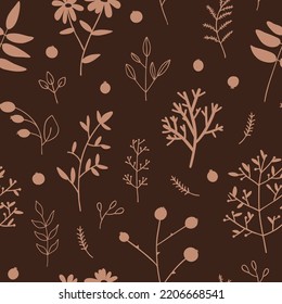Vector seamless pattern with branches, berries and leaves on brown background. For wallpapers, fall decoration, invitation card, fabric, textile, bed linen print, gift and wrapping paper, jotter cover