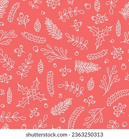 Vector seamless pattern with branches and berries. Cute design for Christmas wrappings, textile, wallpaper and backgrounds.