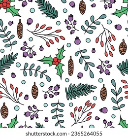 Vector seamless pattern with branches and berries. Cute design for Christmas wrappings, textile, wallpaper and backgrounds.