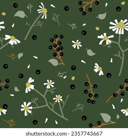 Vector seamless pattern with branches of bird cherry and daisies