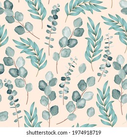 Vector seamless pattern with branches of eucalyptus on black background