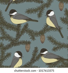 Vector seamless pattern with branches of fir and birds. Hand drawing. Decorative background for design of surfaces