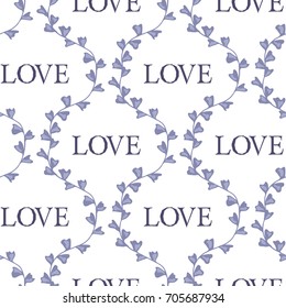 Vector seamless pattern of branches with flower buds diagonally placed and the word "love" in the center of floral rhombus