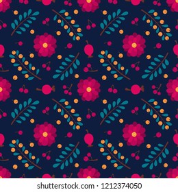 Vector seamless pattern with  branches, flowers and berries. Floral elements on dark blue background