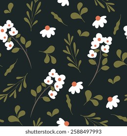 Vector seamless pattern with branches flowers isolated on dark green background.	