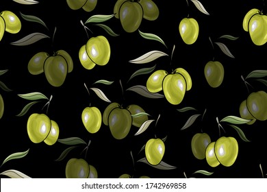 Ramas de patrón sin fisuras vectoriales con aceitunas verdes sobre fondo negro. Para el diseño cosméticos naturales orgánicos, papel de envoltura, jabón, aceite de oliva.  Ilustración bursátil.