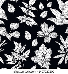 Vector Seamless pattern with branches and leaves, hand drawn design elements. Black and white