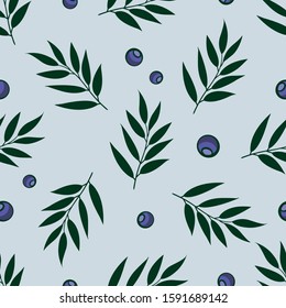 Vector seamless pattern with branches, leaves and blueberries; floral background for fabric, wallpaper, wrapping paper, textile, package, web design. 