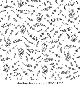 Vector seamless pattern with branches and leaves in doodle style.Botanical print hand-painted black line on white background.Design for coloring,wrapping paper,wallpaper,textile,printing,packaging.