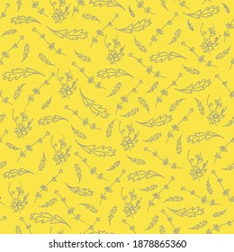 Vector seamless pattern with branches and leaves in doodle style.Botanical print hand-painted Ultimate Grey line on Illuminating yellow background.Design for wrapping paper,textile,packaging.