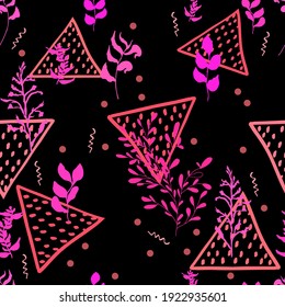 vector seamless pattern of branches, leaves and abstract triangles, zigzags with dots.Background for fabric, textile, wallpaper, paper, spring invitations and cards. Pattern in neon colors