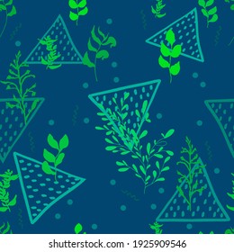 vector seamless pattern of branches, leaves and abstract triangles, zigzags with dots.Background for fabric, textile, wallpaper, paper, spring invitations and cards. Natural  colors