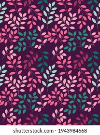 vector seamless pattern of branches and leaves in pink and green colours, main colour is pink