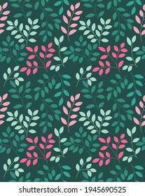 vector seamless pattern of branches and leaves in green and pink colours, main colour is green