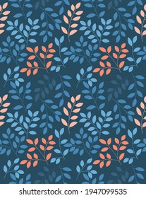 vector seamless pattern of branches and leaves in blue and pink orange, main colour is blue