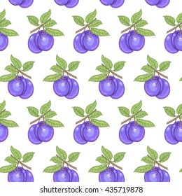 Vector seamless pattern. Branches with leaves and plums on a white background. Illustration for design packaging, paper, wallpaper, fabrics, textiles.