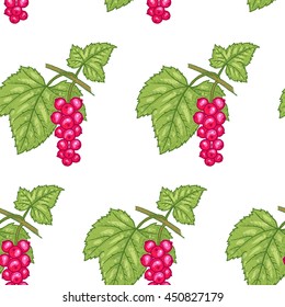 Vector seamless pattern. Branches with leaves and Red currant on a white background. Illustration for design packaging, paper, wallpaper, fabrics, textiles.