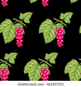 Vector seamless pattern. Branches with leaves and Red currant on a black background. Illustration for design packaging, paper, wallpaper, fabrics, textiles.