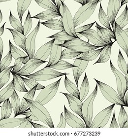 Vector seamless pattern with branches and leaves. Hand drawing. Decorative pattern for the design of textiles, clothing, wallpaper, curtains, covers, packaging and wrapping paper