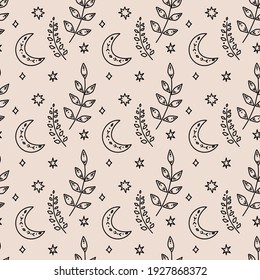 Vector seamless pattern. Branches, moon and stars.  Silhouette, outline.