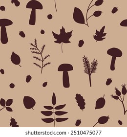 Vector seamless pattern with branches, mushrooms and leaves on brown background. For wallpapers, fall decoration, invitation card, fabric, textile, linen print, kitchen towels, jotter cover.