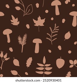 Vector seamless pattern with branches, mushrooms and leaves on brown background. For wallpapers, fall decoration, invitation card, fabric, textile, linen print, kitchen towels, jotter cover.