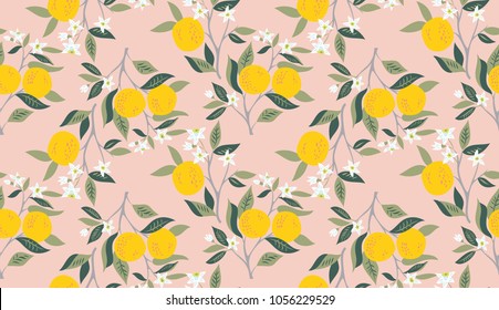 Vector seamless pattern with branches of oranges in bloom
