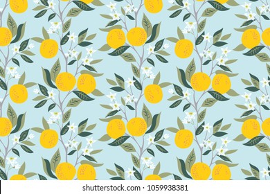 Vector seamless pattern with branches of oranges in bloom
