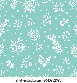 Vector seamless pattern with branches and polka dots with scratched texture. Botanical design for wallpaper, textile, fabric, wrapping paper.