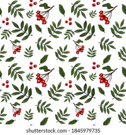 Vector seamless pattern with branches of rowan on gray background. Hand drawn repeated background for textile, wrapping paper, greeting card and invitation of seasonal fall holidays