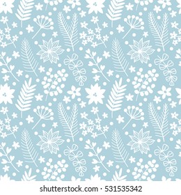 Vector seamless pattern with branches of spruce and Christmas flowers. Winter floral background.