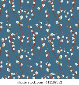 Vector seamless pattern with branches of willow and flowering buds on a dark blue background. Pussy-willow. Elegant background for spring design, textiles, wrapping paper.