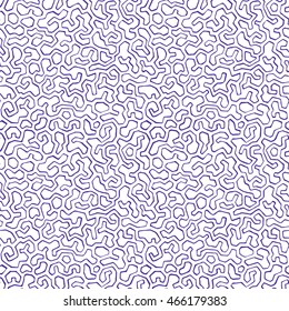 Vector seamless pattern of a branching reticulated maze. Chaotic ornament of blue sinuous lines drawn by a ballpoint pen. Hand-drawn labyrinth texture. Chemical, organic or alien technology theme.