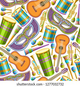 Vector seamless pattern for Brazil Carnival, repeating illustration of colorful fancy venetian mask, drums with drumsticks, ornament for carnival in Rio de Janeiro, design decorative pattern on white.